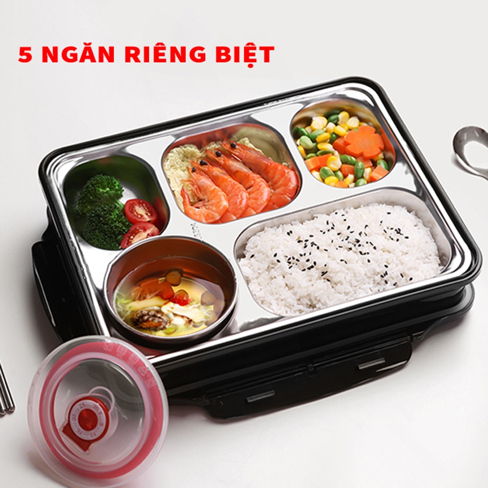 Hộp cơm inox 5 ngăn có nắp đậy, khe cắm điện thoại tặng kèm muỗm thìa inox