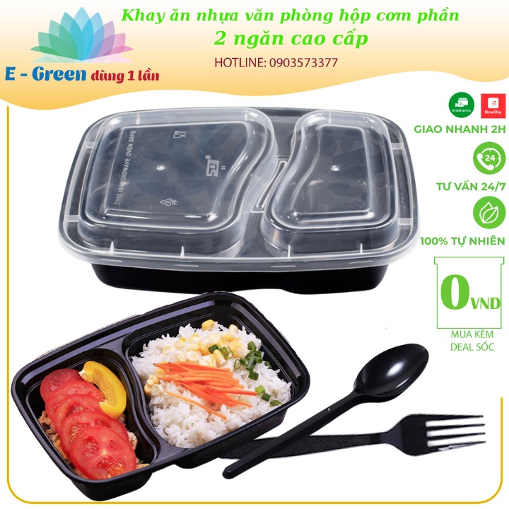 50 Khay ăn nhựa văn phòng, hộp cơm phần 2 ngăn cao cấp - E GREEN Dùng 1 Lần