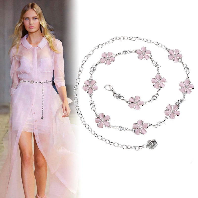 Thắt lưng dây xích chuỗi hoa đá, đai váy nữ hoa 5 cánh móc xích kim loại