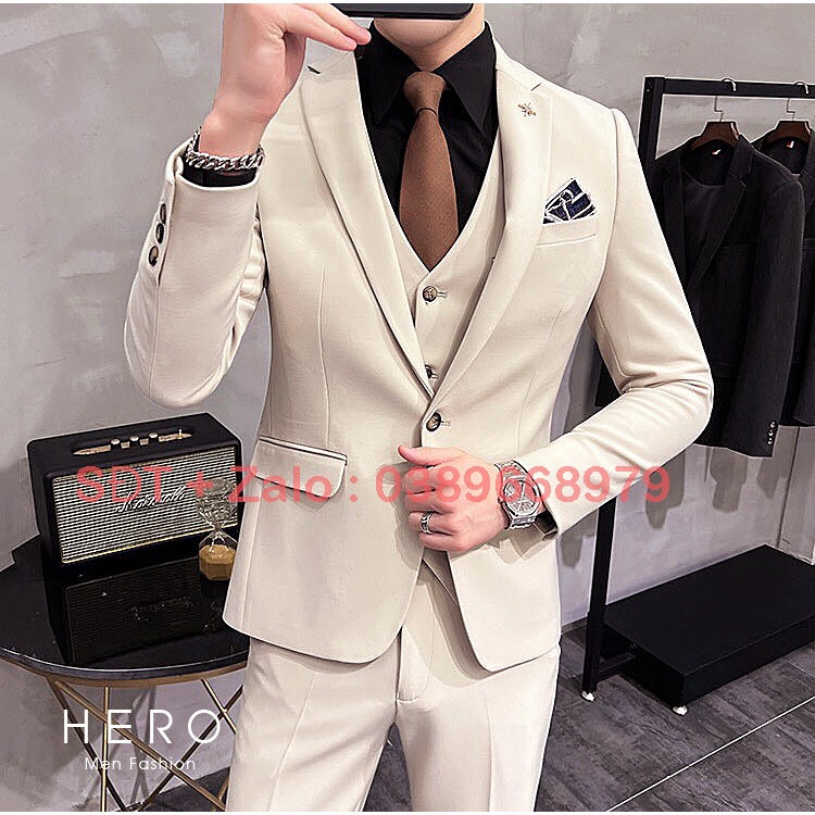 Bộ vest nam cao cấp chất vải sịn sò màu kem, Bộ suit nam cao cấp màu be fom ôm đẹp