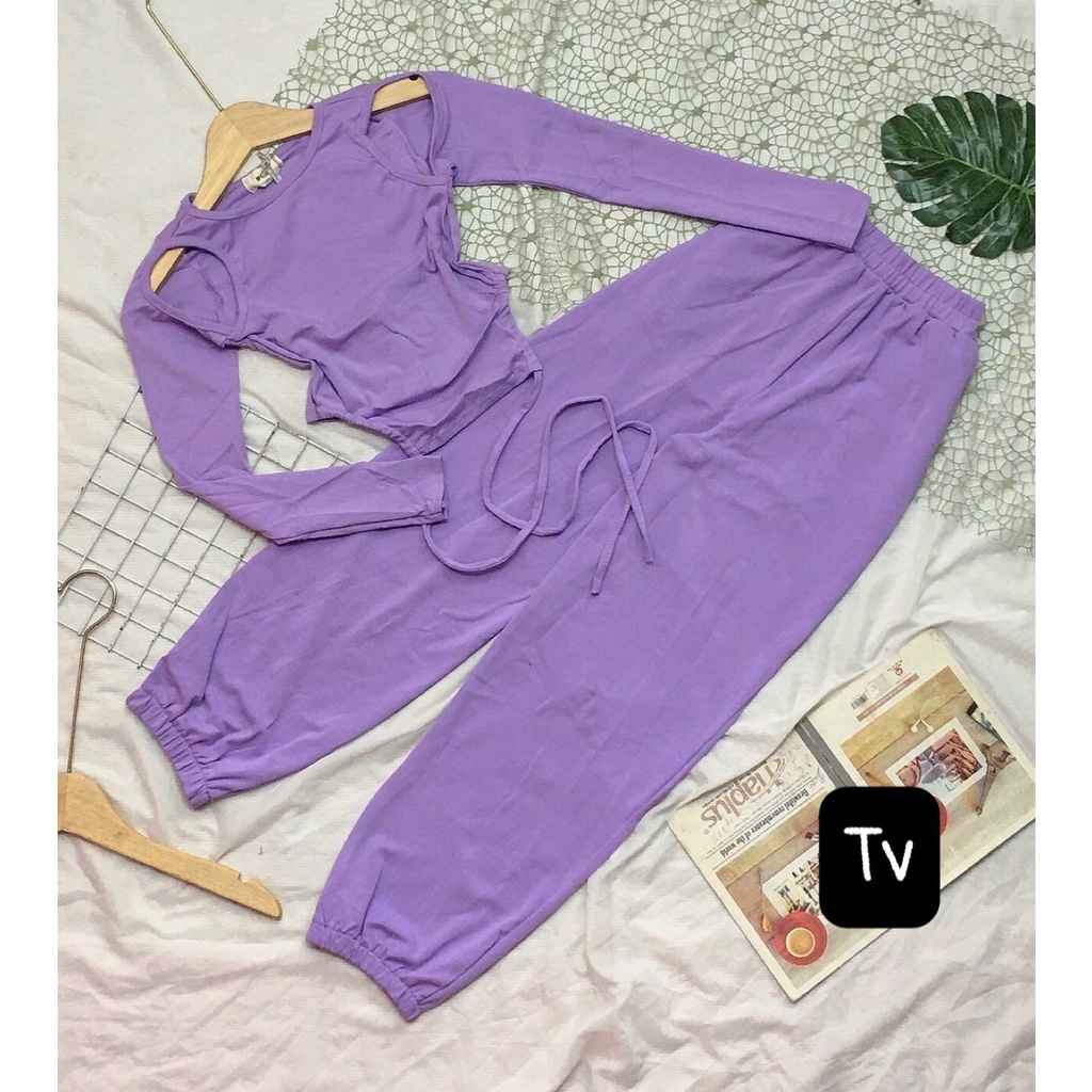 set áo kiểu khoét vai cột dây eo kèm quần bo ống dài mềm cotton