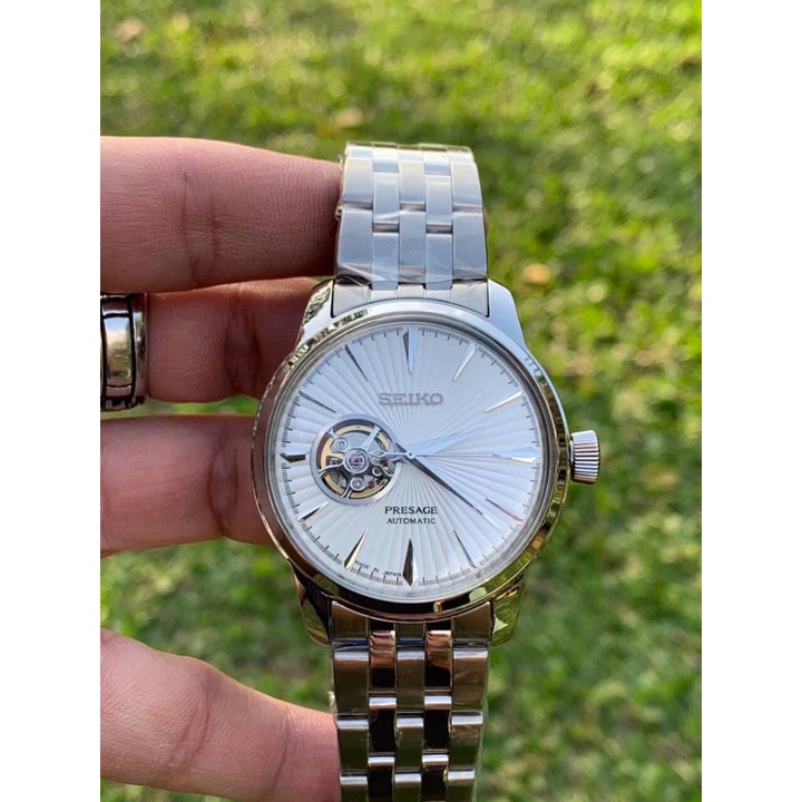 Đồng hồ Nam seiko hở vành tóc chạy cơ automatic mặt trắng vỏ trắng máy Nhật 40mm