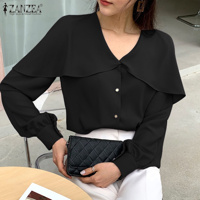 ZANZEA Áo Sơ Mi Nữ Tay Dài Cổ Chữ V Màu Trơn Cài Khuy Đơn Giản Thời Trang