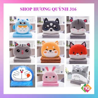 (HQ)Chăn gối gấu bông Cú xanh, Mèo, Cún 2in1 siêu đáng yêu