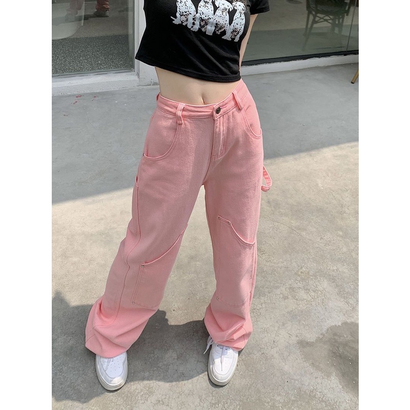 Jiashucheng Quần Jean Ống Rộng Lưng Cao Màu Hồng Có Size Lớn Cho Nữ