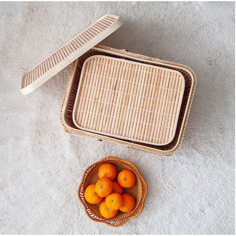 Giỏ picnic đan tre tiện nghi [Handmade] Giỏ đựng đồ nhà bếp DiliHome TẶNG QUÀ DỄ THƯƠNG GỒM ĐĨA MÂY TRE VÀ ỐNG HÚT TRE