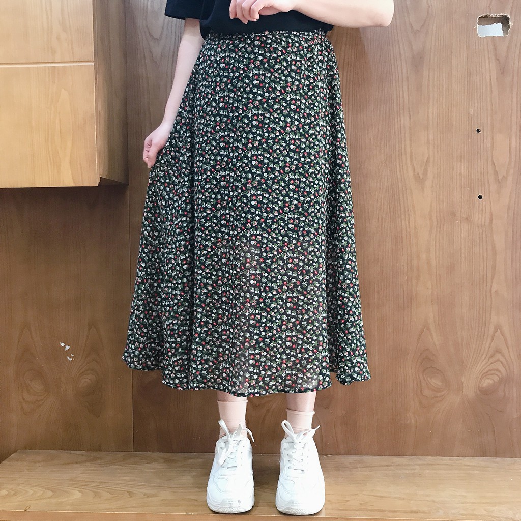 Chân Váy Hoa Nhí Vintage Dáng Dài Qua Gối Ulzzang Cạp Chun Zinti CV14