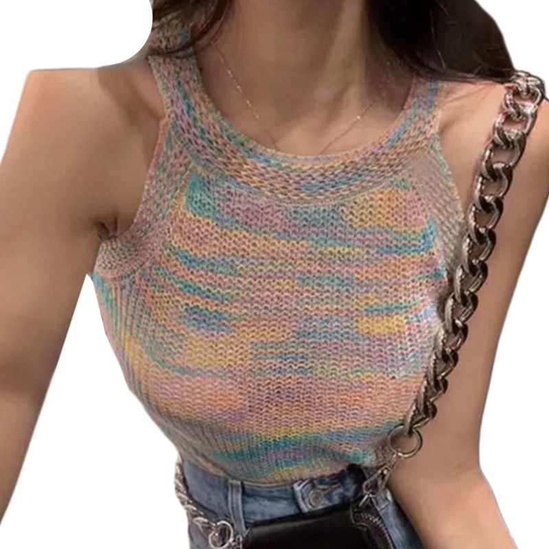 Áo Croptop Dệt Kim Hai Dây Màu Cầu Vồng Thời Trang Mùa Hè Cho Nữ