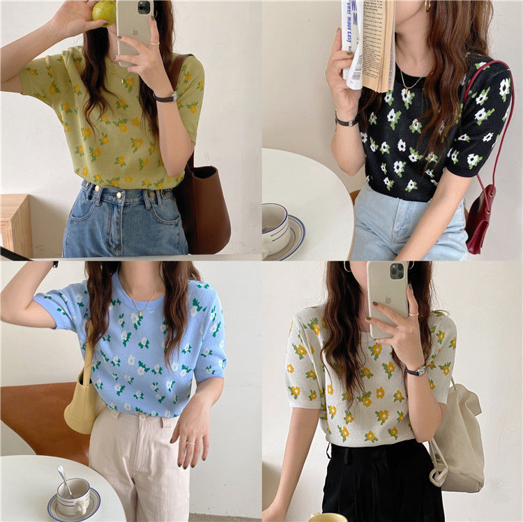 SUXI Áo tay ngắn họa tiết hoa vintage phong cách Hàn Quốc dành cho nữ