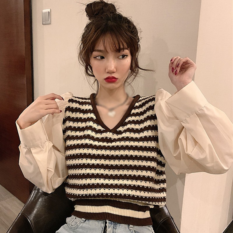 Áo Sweater Dài Tay Cổ Chữ V Kẻ Sọc Xinh Xắn Dành Cho Nữ