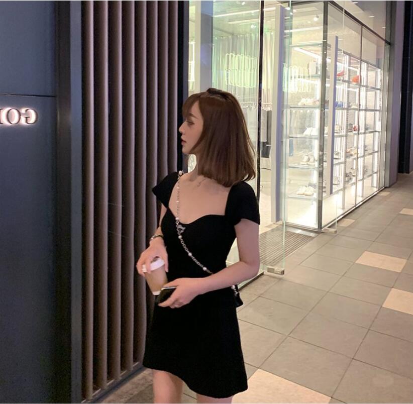 SUXI Đầm cổ vuông màu trơn phong cách retro pháp thanh lịch dành cho nữ