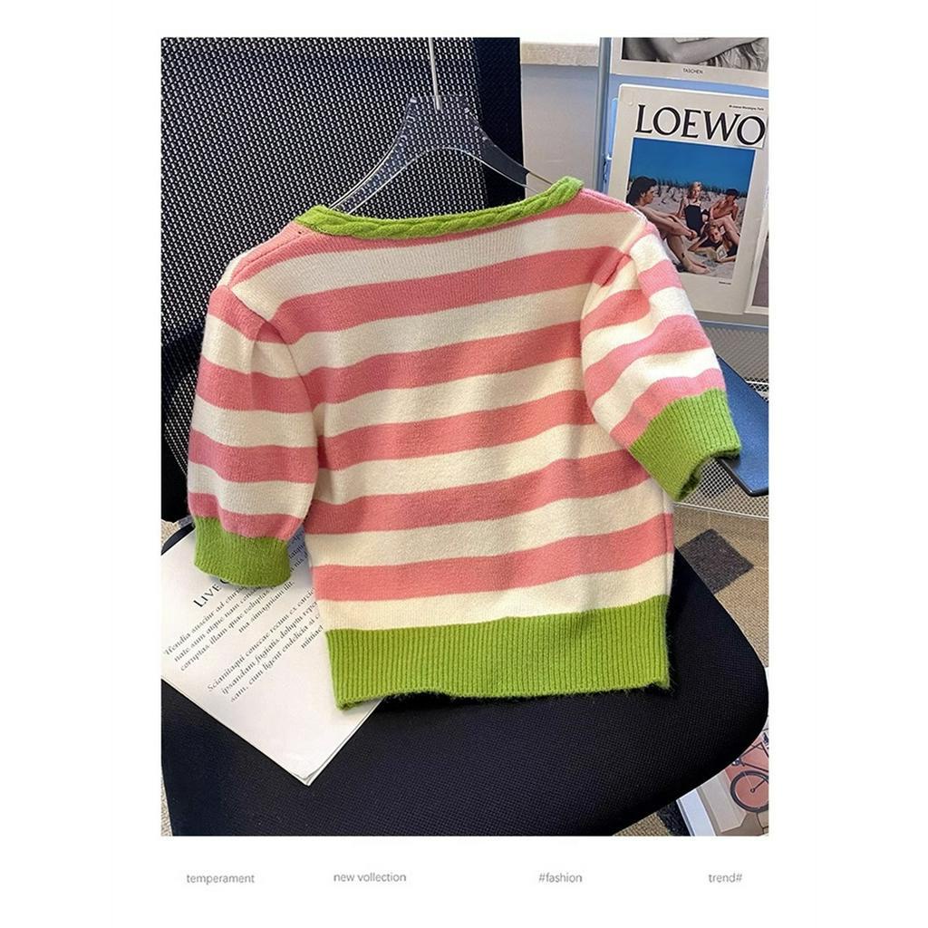 Áo cardigan Ngắn Tay Cổ Chữ V Họa Tiết Kẻ Sọc Thiết Kế Mới Thời Trang Mùa Hè Theo Phong Cách Hàn Quốc