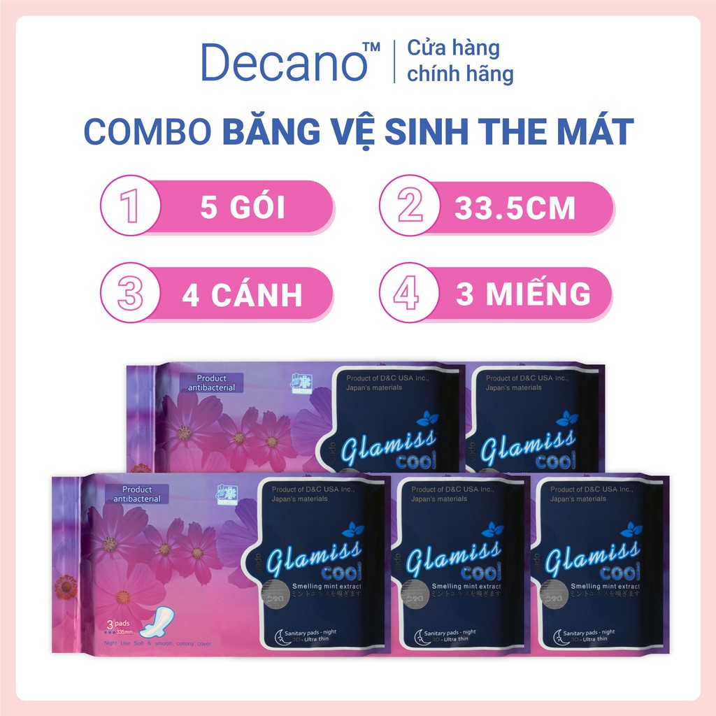 Combo 5 gói băng vệ sinh thảo dược Glamiss ban đêm 33.8cm Decano Store