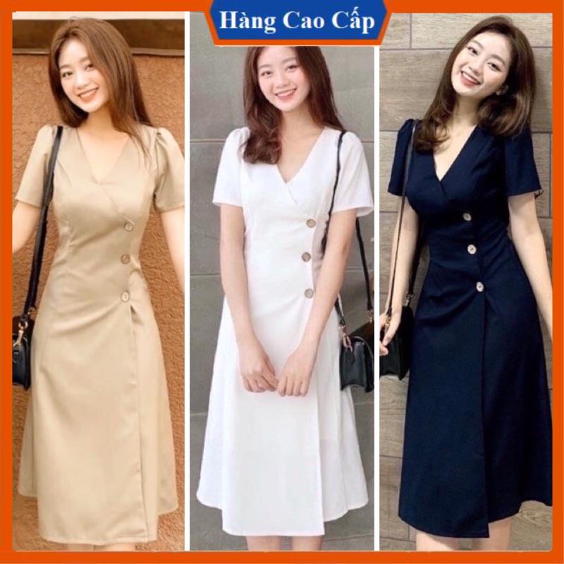 Đầm váy cổ v nút dừa 2 màu Xinh 24 thích hợp dự tiệc, đi chơi, công sở (kèm hình thật)