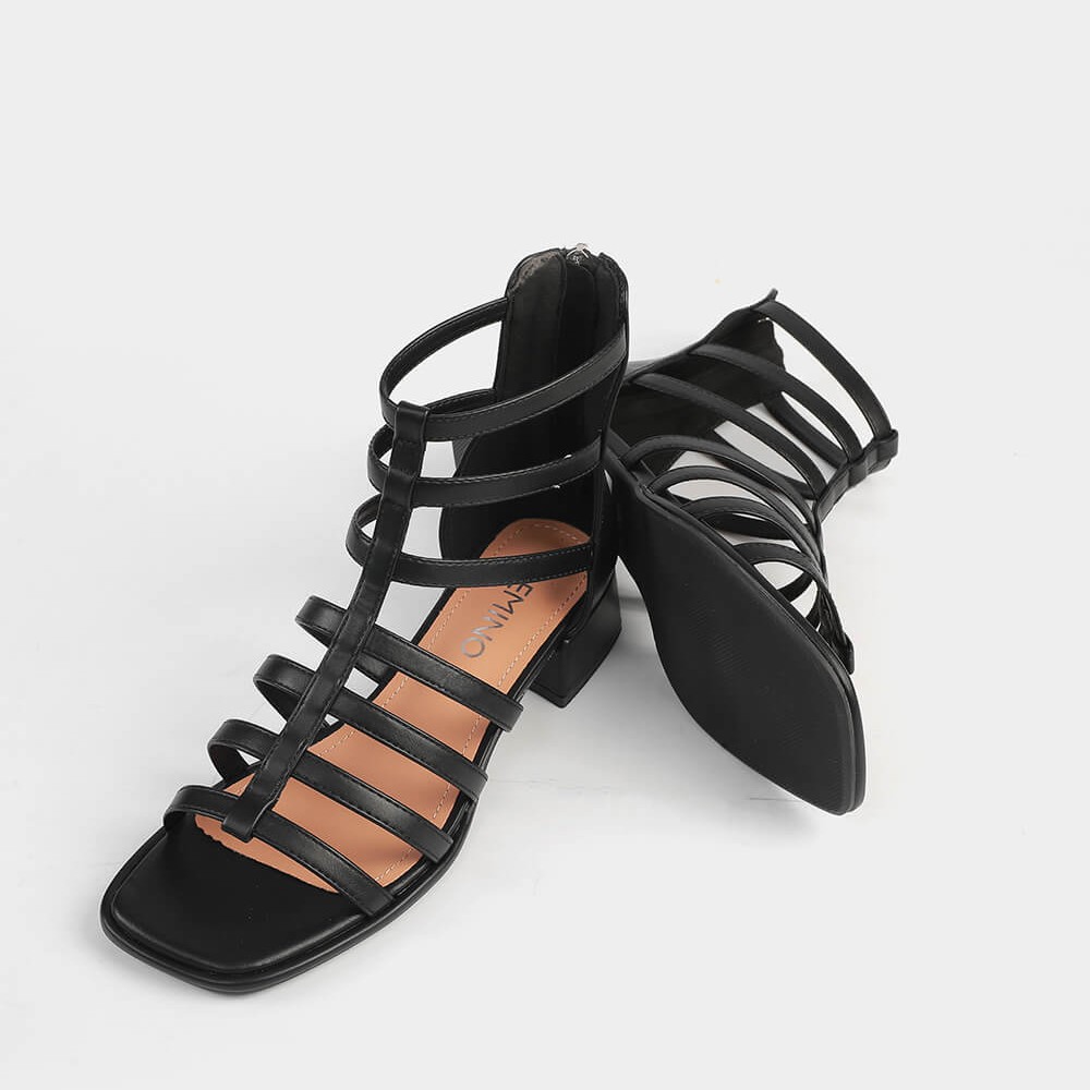 Giày Sandal LEMINO LE621018 Mũi Vuông Phối Dây Quai Mảnh Cao 3cm Kéo Khóa Sau Năng Động-Tiện Lợi