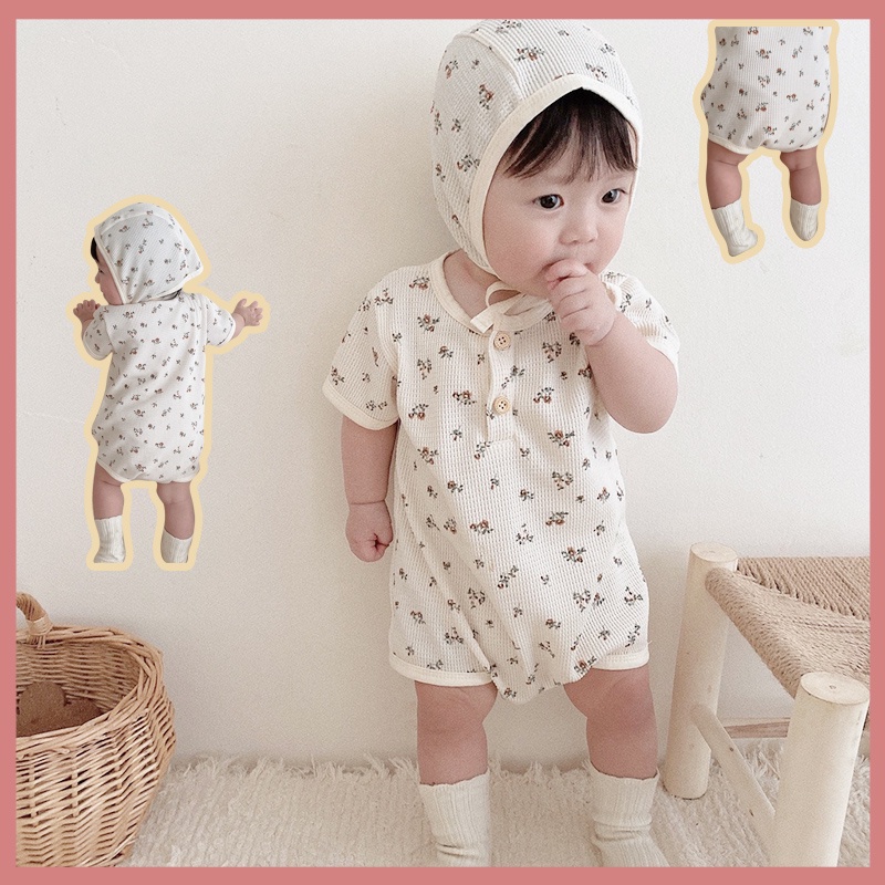 Bộ Áo Liền Quần Kèm 1 Nón Họa Tiết Hoa Dễ Thương Thời Trang Mùa Hè Cho Bé Sơ Sinh