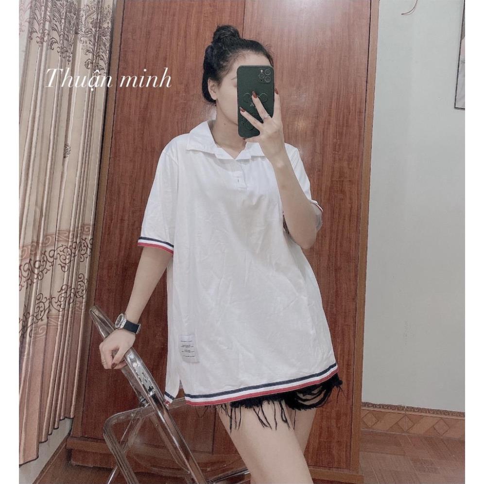 Áo Thun Polo Nam Nữ  Form Rộng Cổ Bẻ Sọc Tay Vải Dày Mịn Thoáng Mát Thiết Kế Thời Trang