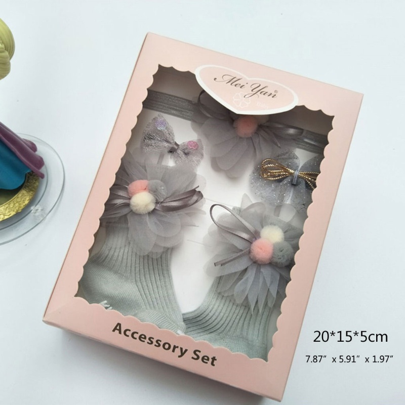 1 Bộ Vớ Cotton Mềm Mại Phối Ren Hoa + Băng Đô Cài Tóc + Hộp Kẹp Tóc