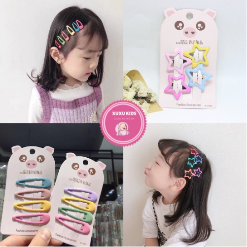 Sét 4 cặp tóc bấm, kẹp tóc mái style Hàn Quốc màu candy dễ thương cho bé gái Xu Xu Kids