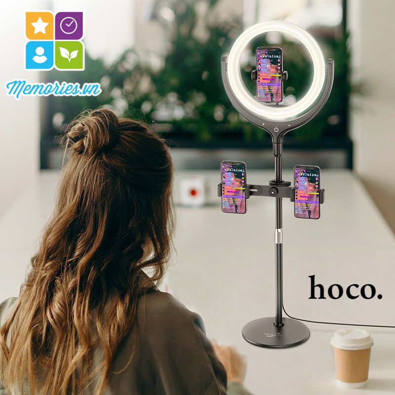 Bộ đèn Led tròn Livestream Hoco LV01 + kèm 3 kẹp điện thoại selfie + chân đế - Hàng chính hãng, chất lượng cao