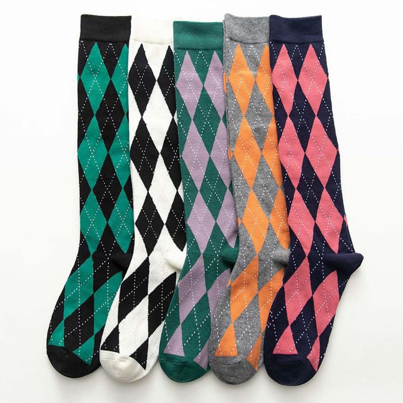 Vớ Cotton Cổ Cao Qua Gối In Họa Tiết Kim Cương Màu Sắc Tương Phản Phong Cách Preppy Nhật Bản Thời Trang Mùa Thu Cho Nữ