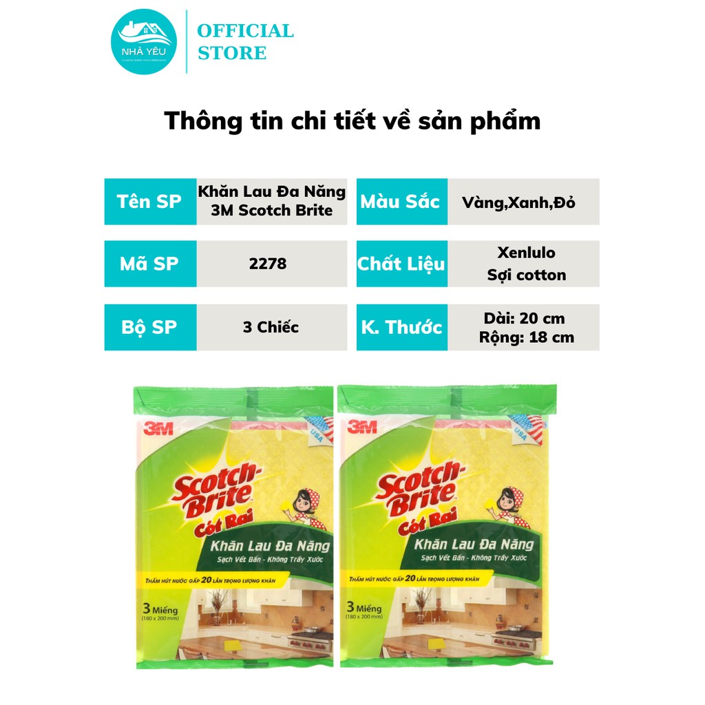 Khăn Lau Đa Năng 3M Scotch Brite Gói 3-Lau Mọi Bề Mặt,Thấm Hút Gấp 20 Lần 18x20cm