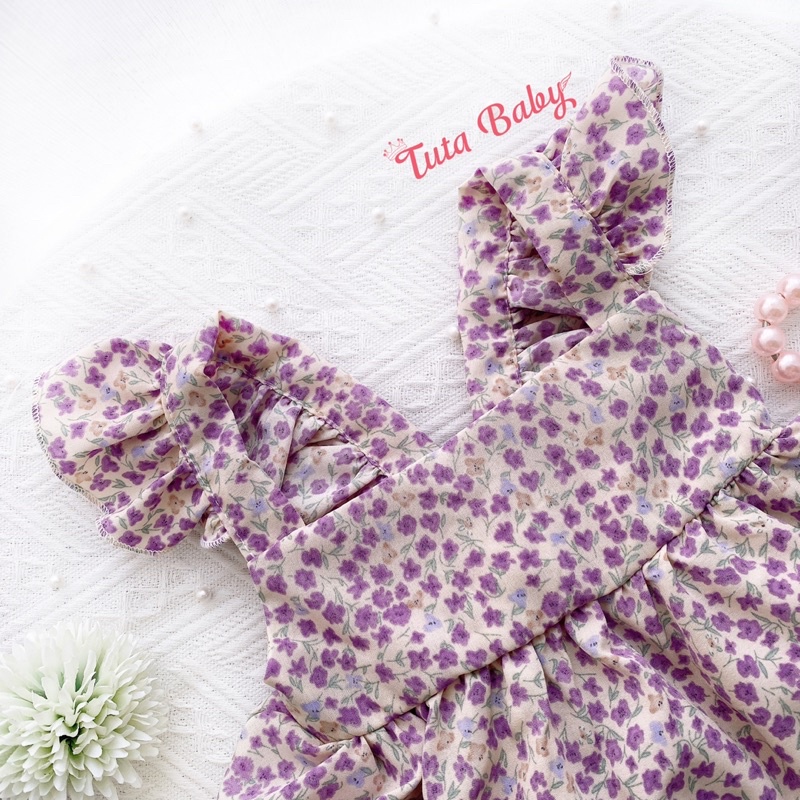 Bodysuit Cho Bé Hoa Tím Phối Ren Chất Lụa Thiết Kế Body Váy Xinh Xắn, Body Bé Gái Kèm Turban Dễ Thương