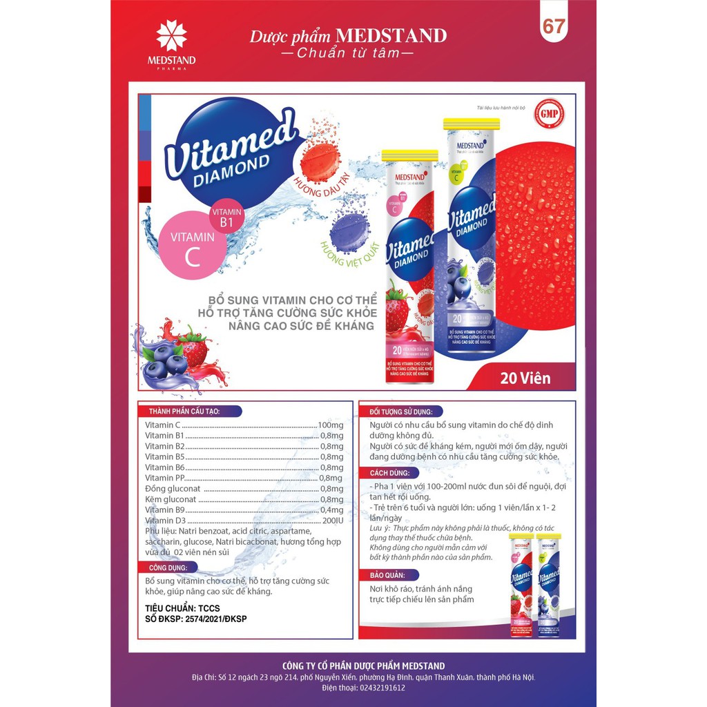 Viên C sủi bổ sung vitamin Vitamed Diamond ❤️FREESHIP❤️ Hương cam,chanh,kiwi,dứa,chanh leo,cherry,dâu tây,việt quất | Thế Giới Skin Care