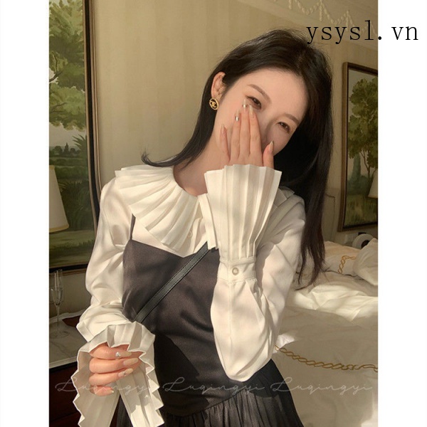 Áo Sơ Mi Tay Dài Cổ Búp Bê Viền Bèo Màu Trắng Phong Cách Retro Thời Trang Cho Nữ