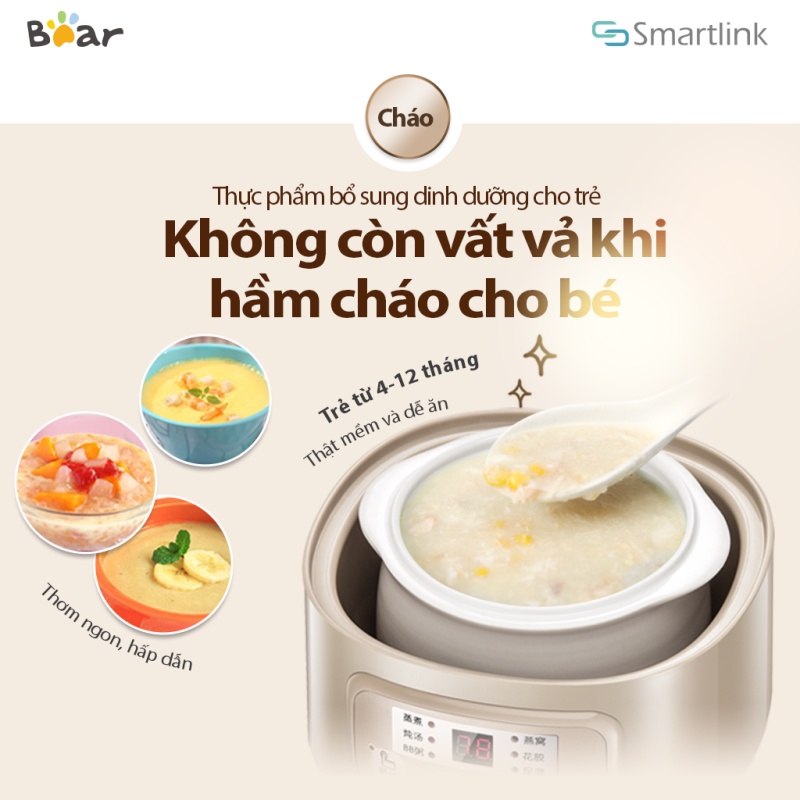 Nồi Nấu Chậm Đa Năng 4in1 Bear 0.8L, Nấu Cháo, Ninh, Hầm, Cách Thủy DDZ-A08D1 - Hàng Chính Hãng - Bảo Hành 18 Tháng