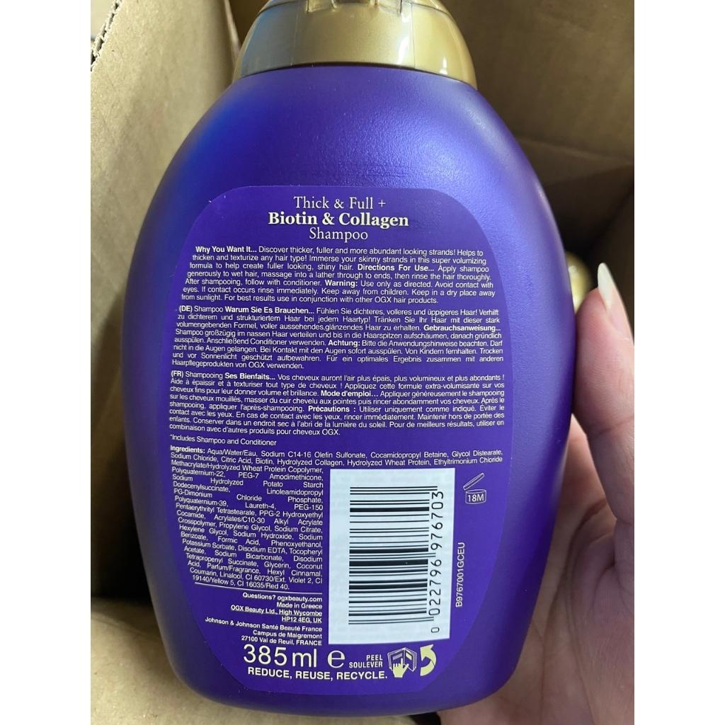 Combo Dầu Gội Xả Biotin OGX Thick &amp; Full Biotin Collagen 385ml