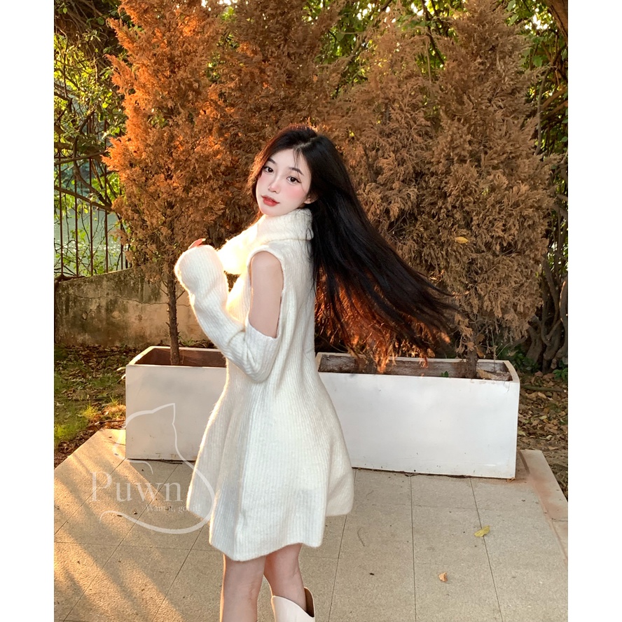 Váy len trắng cao cổ khoét vai trắng Giáng sinh Noel ấm áp Puwn Shop