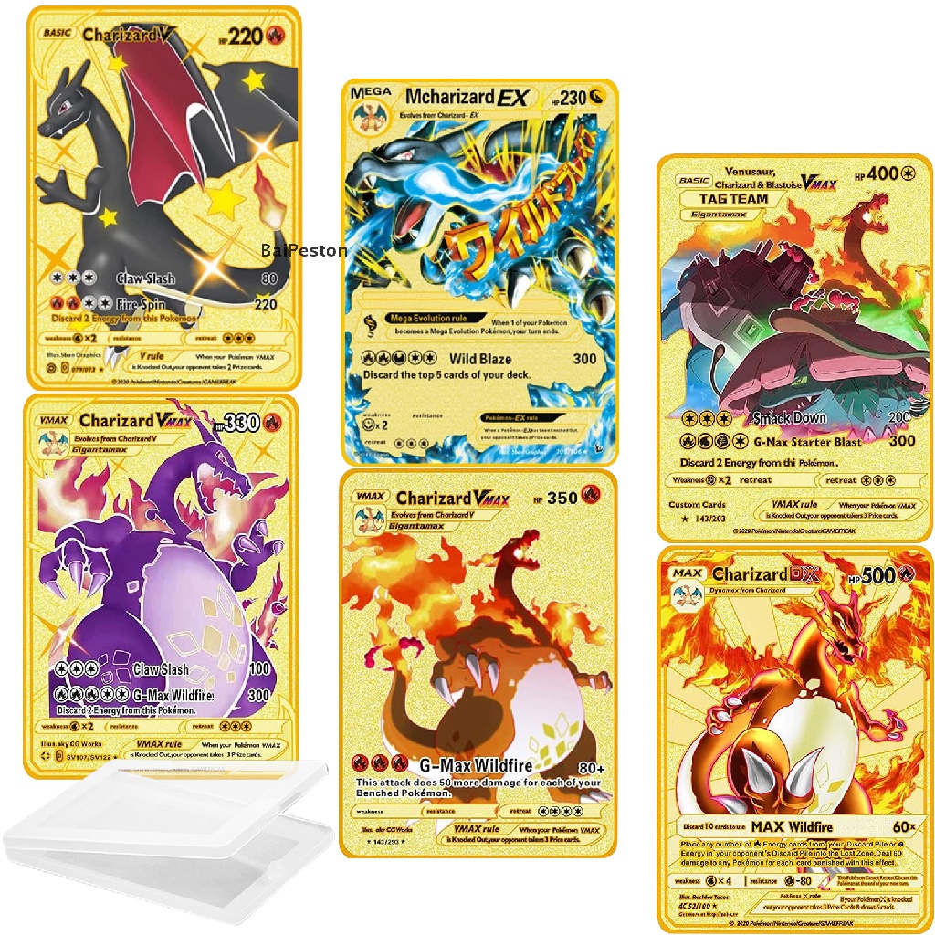 Thẻ Kim Loại Mạ Vàng Charizard Vmax Charizard Vmax DX GX ♨Nóng Bỏng