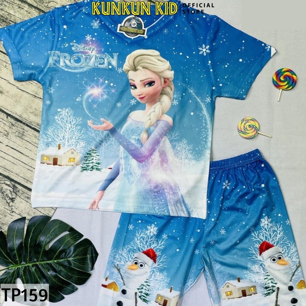 Đồ bộ bé gái in 3d cộc tay hình elsa xanh size đại 10-60kg Kunkun Kid TP159 thun lạnh co giãn 4 chiều