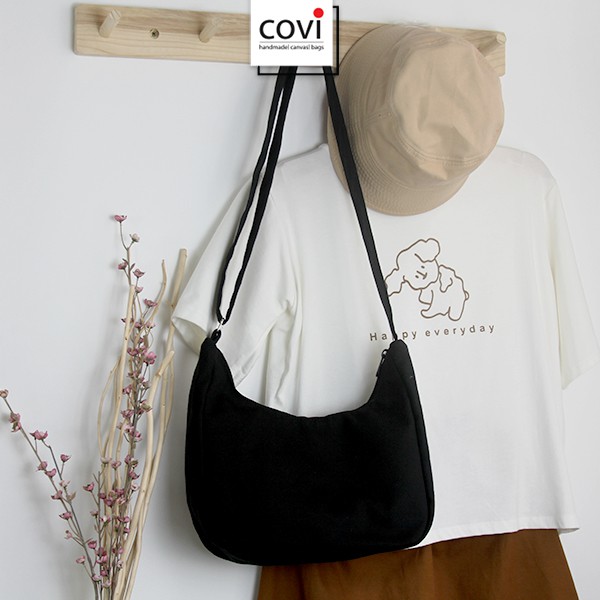 Túi tote đeo chéo vải canvas, túi vải bố, Unisex nam nữ thời trang COVI đen trắng T29