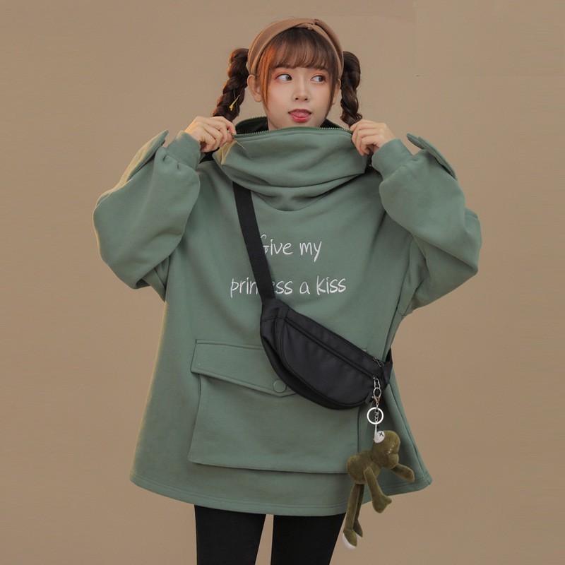 Áo hoodie lót nhung dày dáng rộng thêu họa tiết chữ thiết kế hình chú ếch đáng yêu phong cách Hàn Quốc