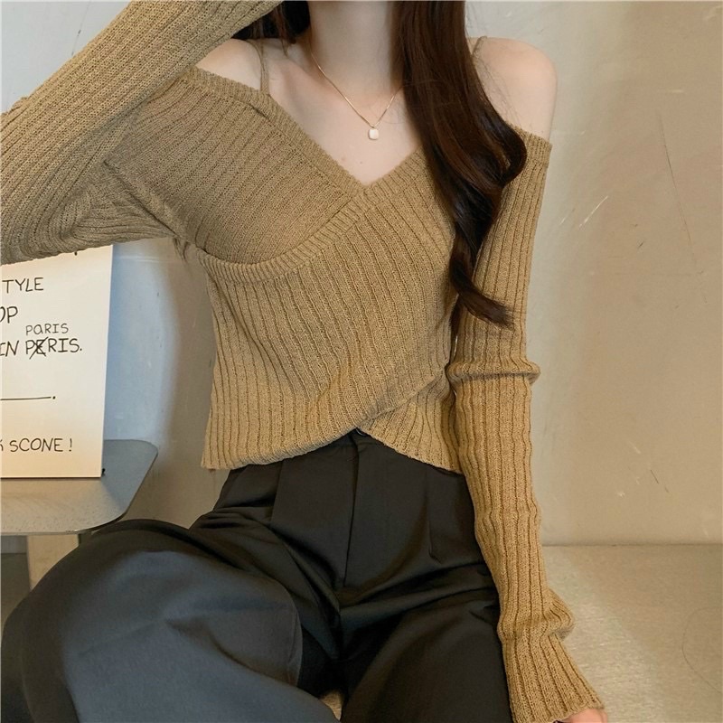 Áo len nữ dài tay, chất len giấy mongtoghi mỏng mềm mát, kiểu dáng trễ vai