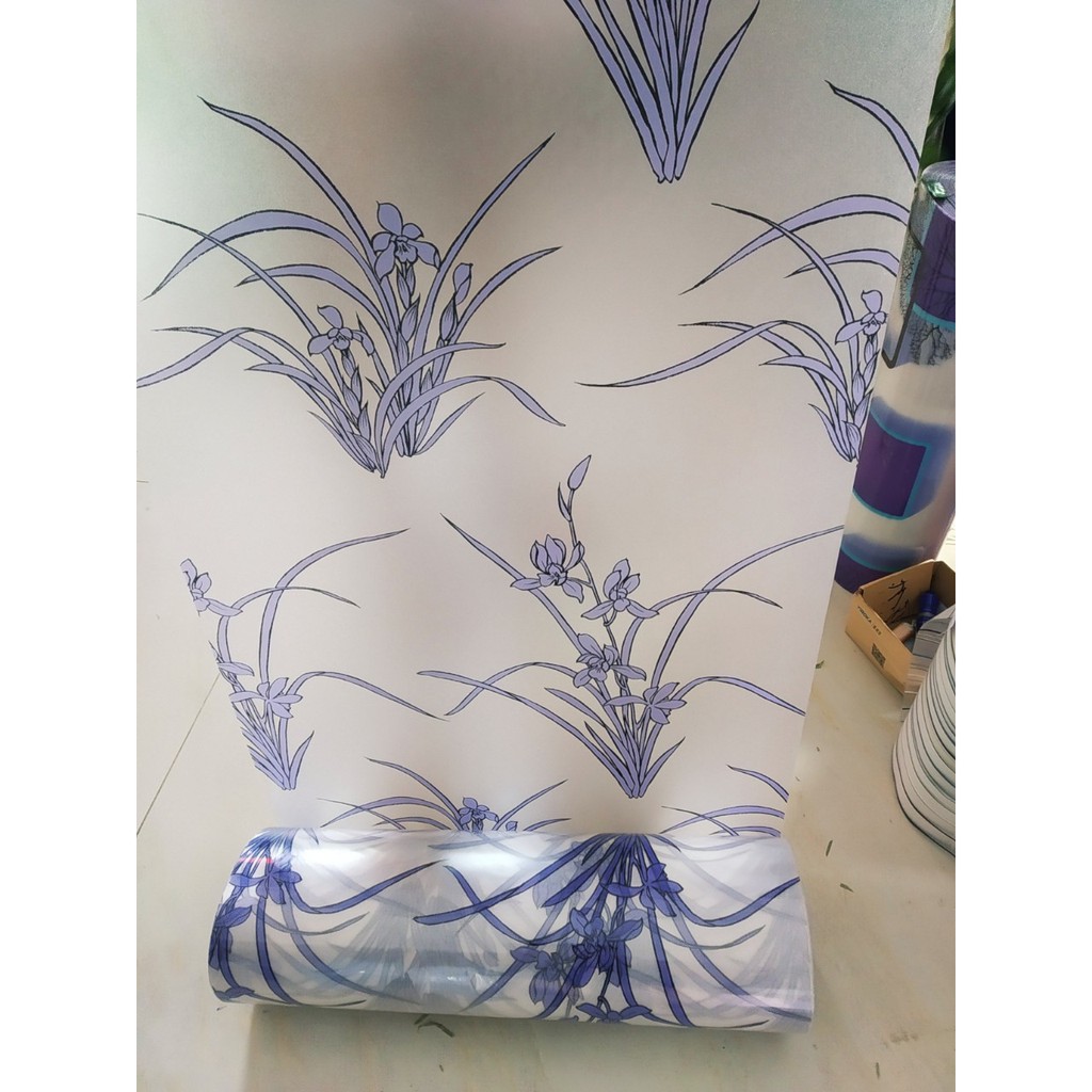 Decal giấy dán kính bụi cỏ tím khổ 45cm , giấy keo sẵn bóc dán