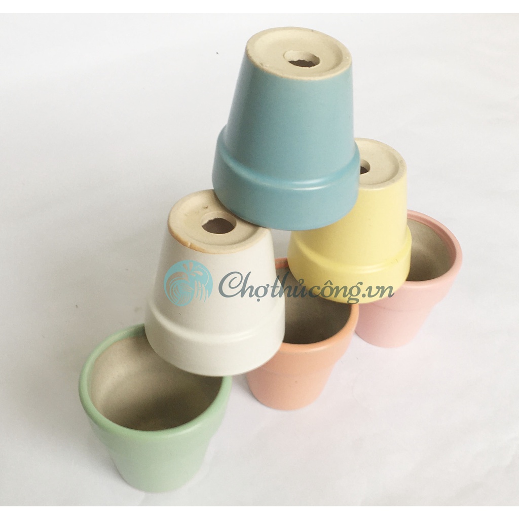 Combo 6 Chậu gốm nhỏ C7xR7cm 6 màu pastel, chậu gốm men mát Bát Tràng có lỗ vintage trồng sen đá, xương rồng, decor