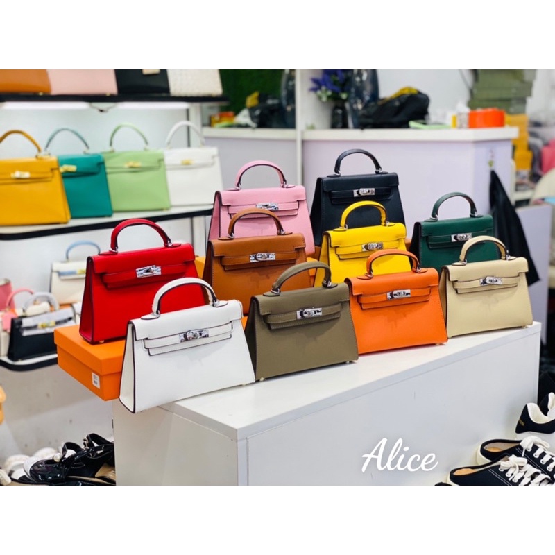 Túi Kelly mini da sần full box + tặng khăn