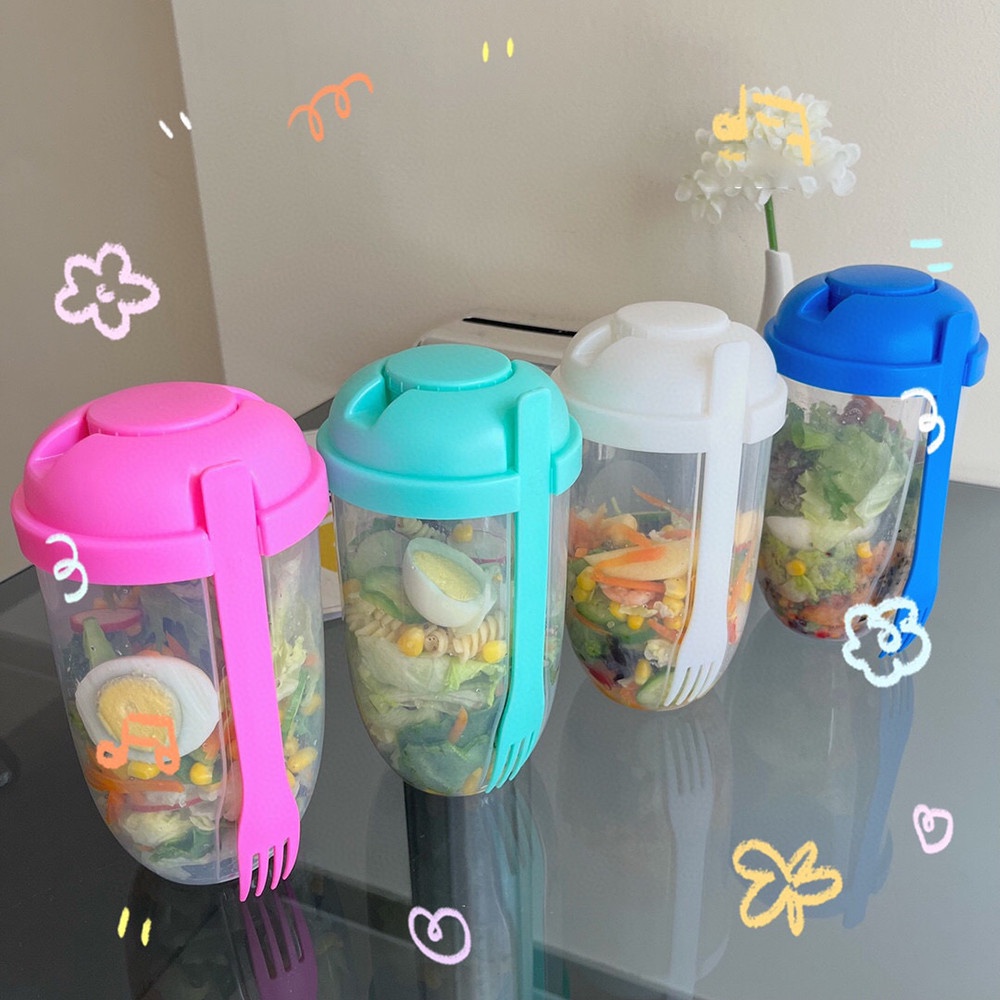 Cốc 1000ml Đựng Salad Kèm Nĩa Ăn Sáng / Sữa Chua / Trái Cây Giảm Cân Phong Cách Hàn Quốc