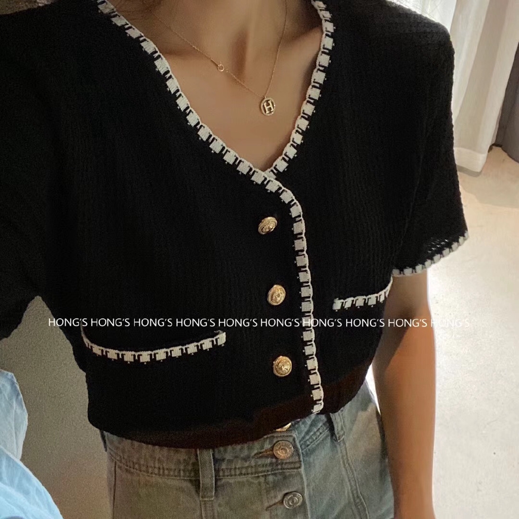 Áo dệt kim SUXI tay ngắn đính nút thời trang mùa hè cho nữ