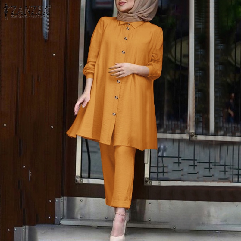 Zanzea Set Quần Dài Và Áo Tay Dài Màu Trơn Thời Trang Cho Phụ Nữ Hồi Giáo