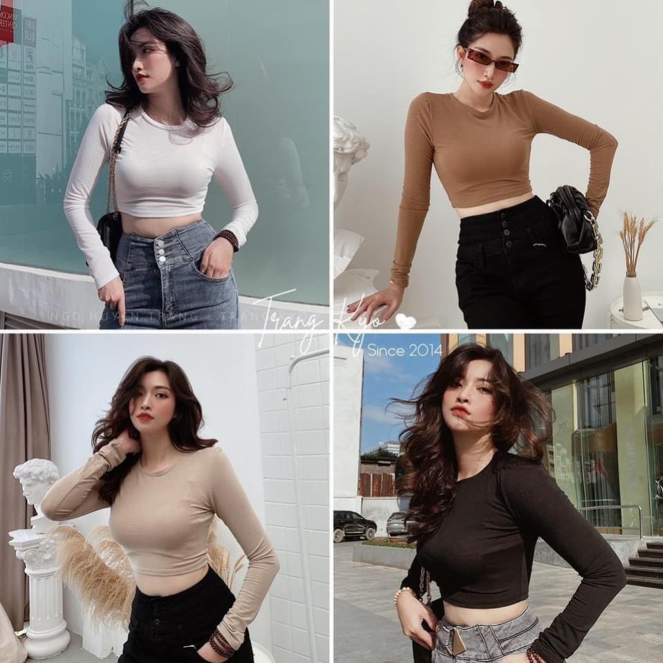 Áo Croptop Body Zip Dài Tay Nữ 🌸 Thun dáng ôm dài tay cổ tròn, phông trơn màu ĐEN | TRẮNG | NÂU | BE Ulzzang HOT 🌸 ⚡ ་