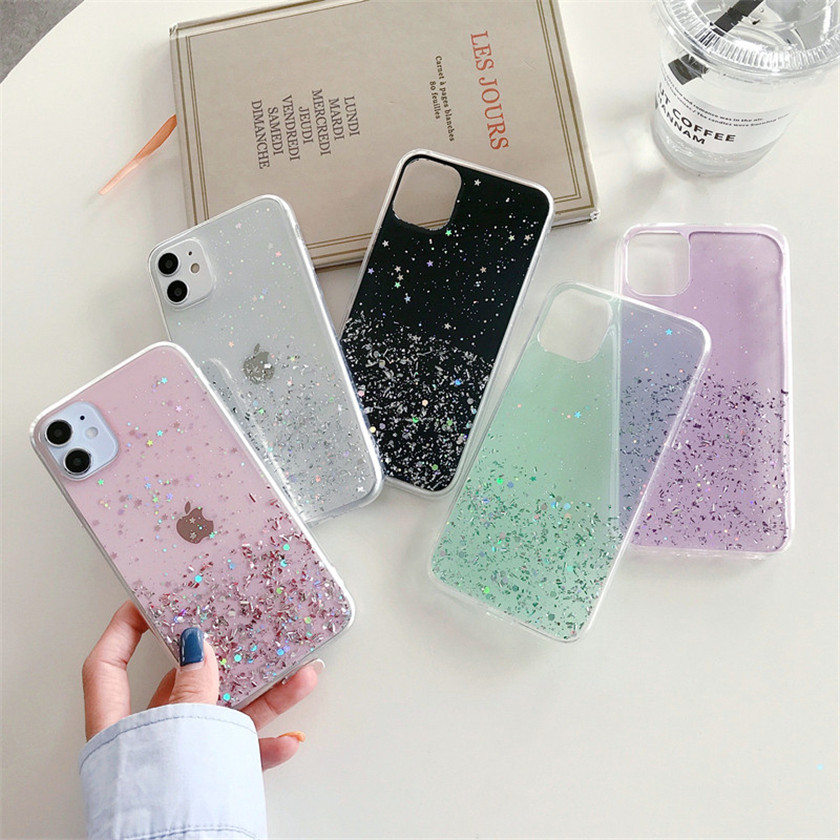 👏Ready Stock🎀 iPhone 12 pro max mini SE 2020 11 Pro Max X XR XS Max 6S 6 7 8 Plus Ốp điện thoại mềm trong suốt phối kim tuyến họa tiết trời sao bảo vệ cho