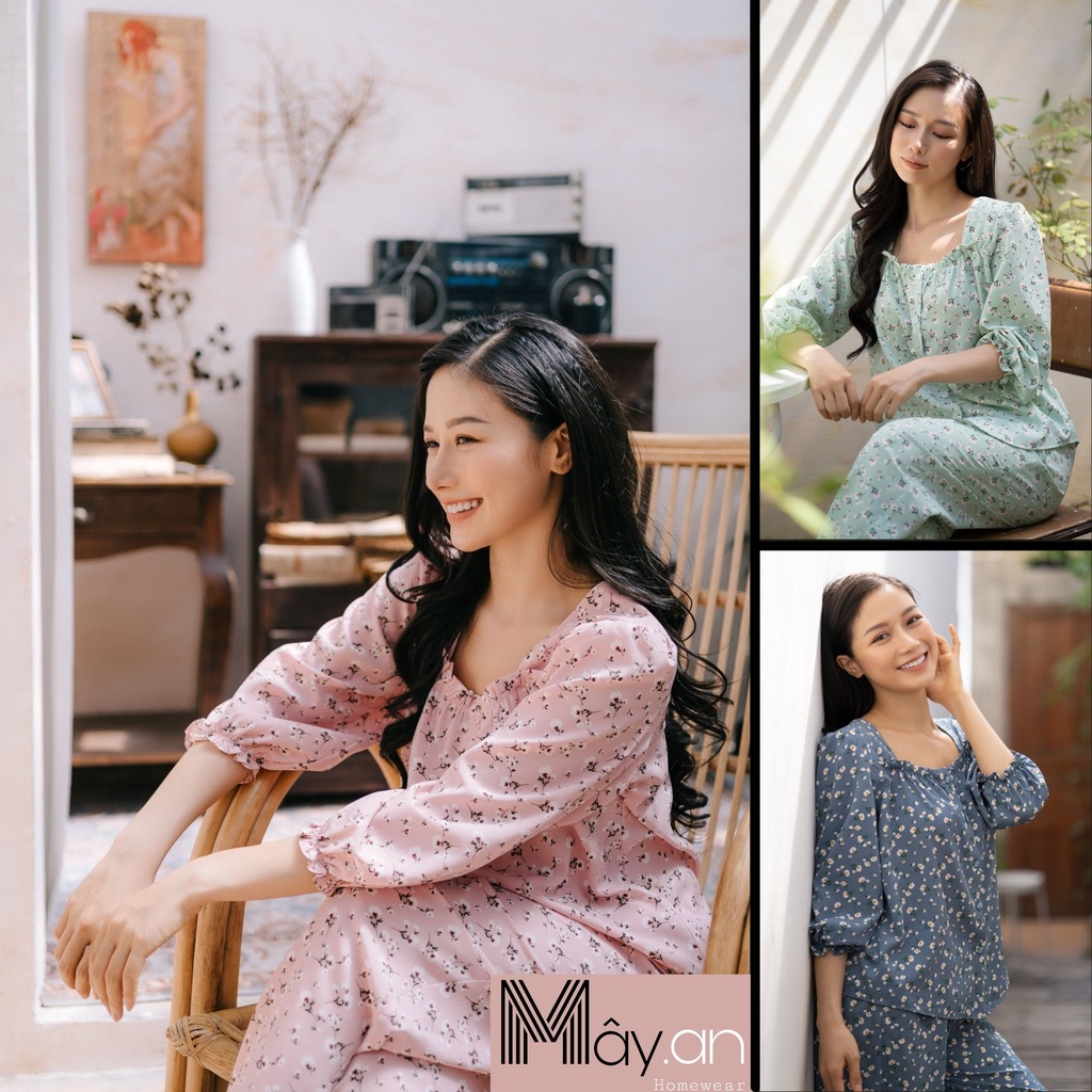 Đồ mặc nhà MÂY áo cổ vuông tay dài quần dài lụa Nhật họa tiết hoa