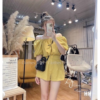 set bộ đùi chấm bi đũi vàng áo mặc 2 kiểu