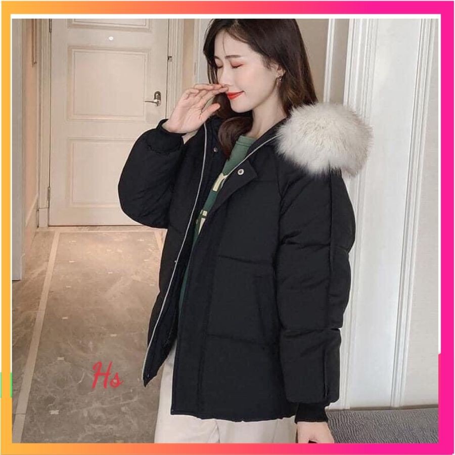 Áo Khoác Phao Đại Hàn Lót Bông Dáng Rộng Kèm Mũ Lông Chồn