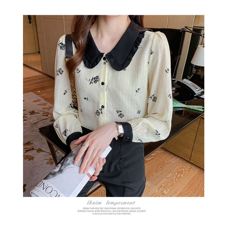 Áo Sơ Mi Chiffon Tay Dài Cổ Búp Bê In Họa Tiết Thời Trang Mùa Thu Cho Nữ