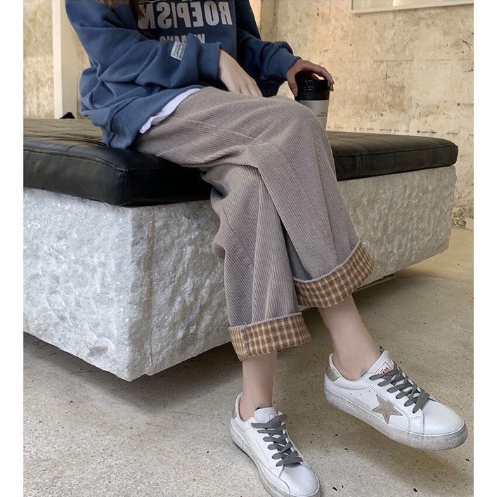 Xiaozhainv Quần dài ống rộng họa tiết caro thời trang phong cách Hàn Quốc cho nữ